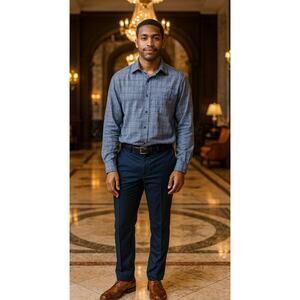 Tasso Elba‎ Men’s Dress Shirt XXL Blue Grey Plaid Long Sleeve Button Front